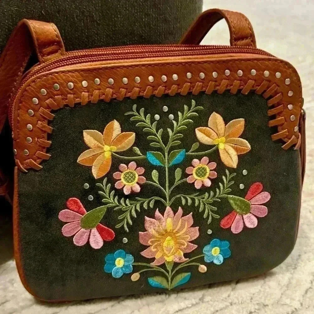 Stunning floral embroidered Bandana  leather purse